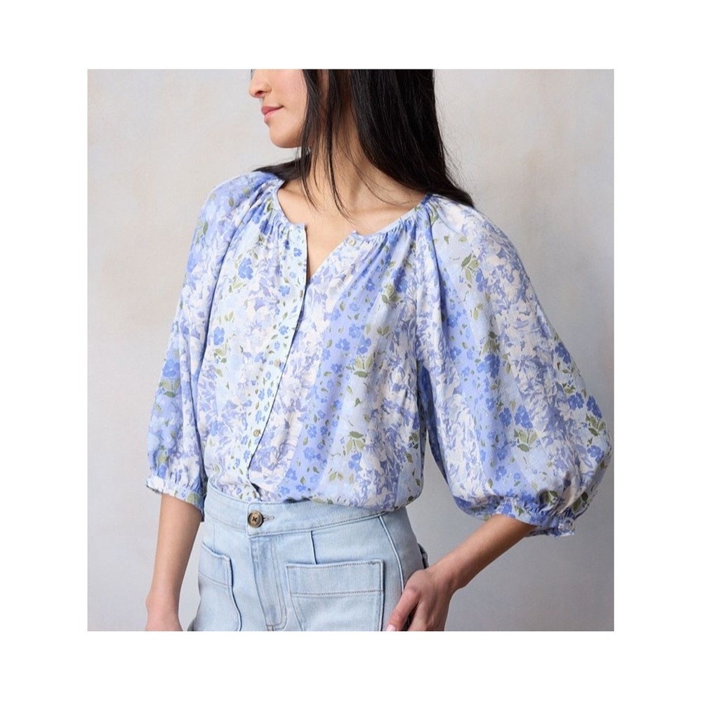 LC Lauren Conrad Floral Button Front Blouse Cottagecore Blue XXL Puff Sleeve